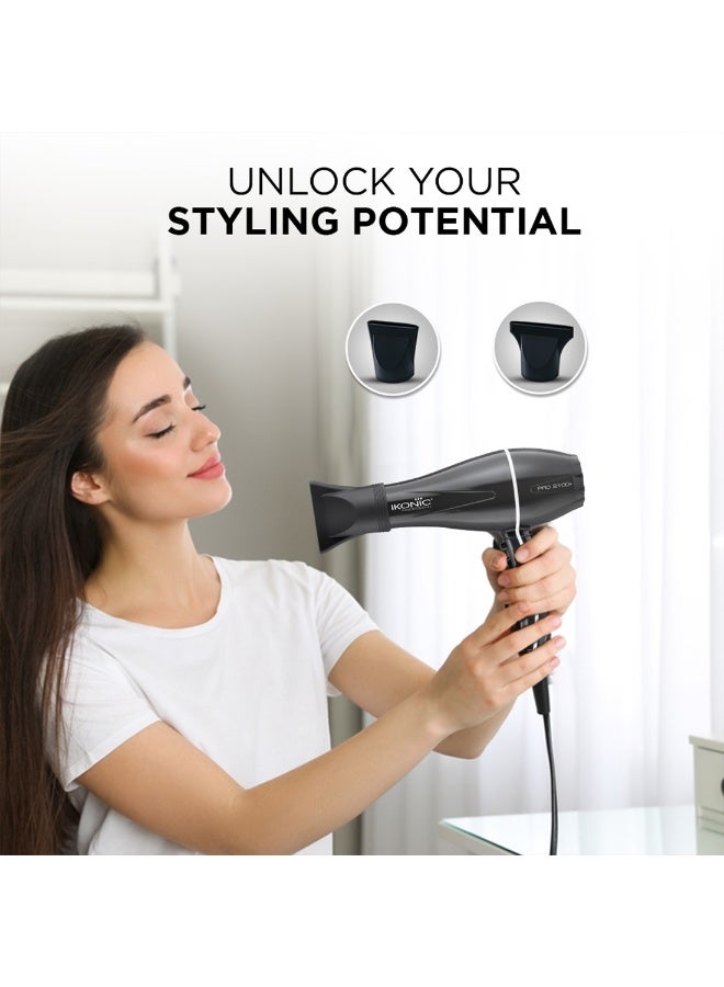 أي كونيك مجفف شعر إيكونيك بروفيشنال برو 2100+، أسود، بقوة 2000 واط، محرك قوي، 3 إعدادات حرارة و2 إعدادات سرعة مع زر هواء بارد، وظيفة تشغيل منخفض الضوضاء، فوهتان قابلتان للتبديل، حماية من ارتفاع درجة الحرارة، سلك بطول 10 أقدام، مناسب للنساء والرجال، لجميع أنواع الشعر - Image 4